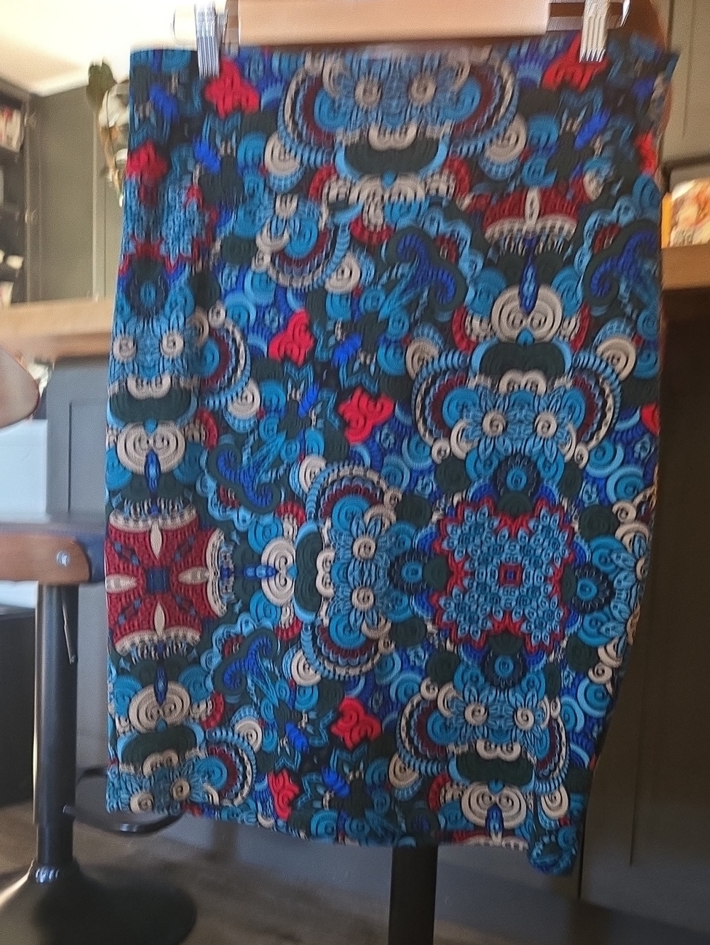 LuLaRoe Blue Multi-Pattern Pencil Skirt with Red and Cream Details